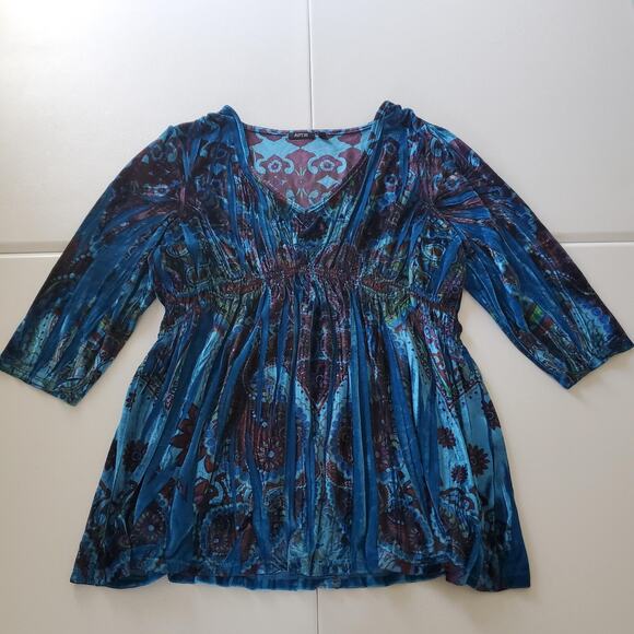 Y2K Fairy Grunge Shirt Womens 2XL Blue Paisley Velvet V Neck Tunic Stretch - Picture 1 of 10